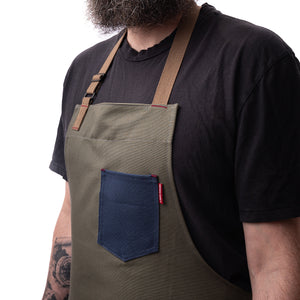 Kayle Olive Apron with Navy Pockets