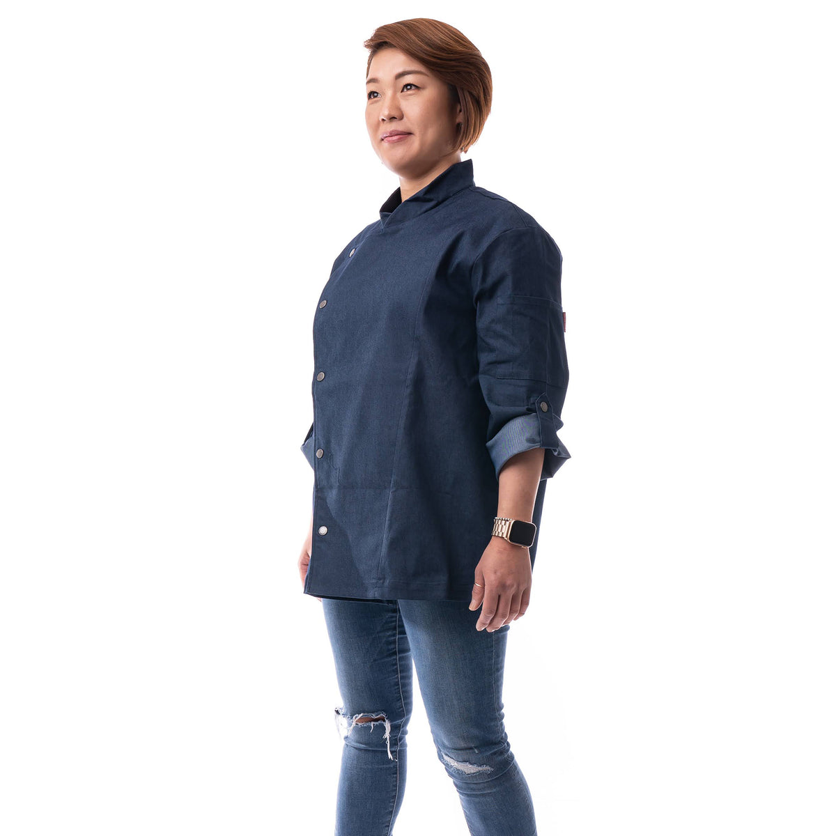 Side view of Indie chef coat in Indigo 