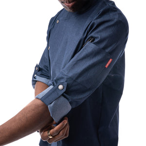 Side view of roll up sleeves with snap on Indie chef jacket